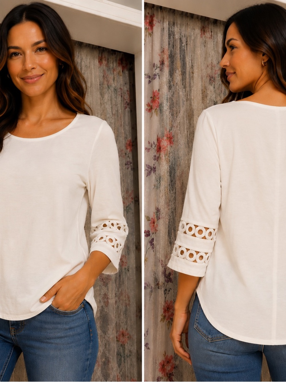 SHEIN Cream Scoop Neck Long Sleeve Top with Eyelet Cutout Sleeves